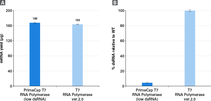 PrimeCap T7 RNA Polymerase (low dsRNA) produces mRNA with very low dsRNA byproduct without sacrificing yields