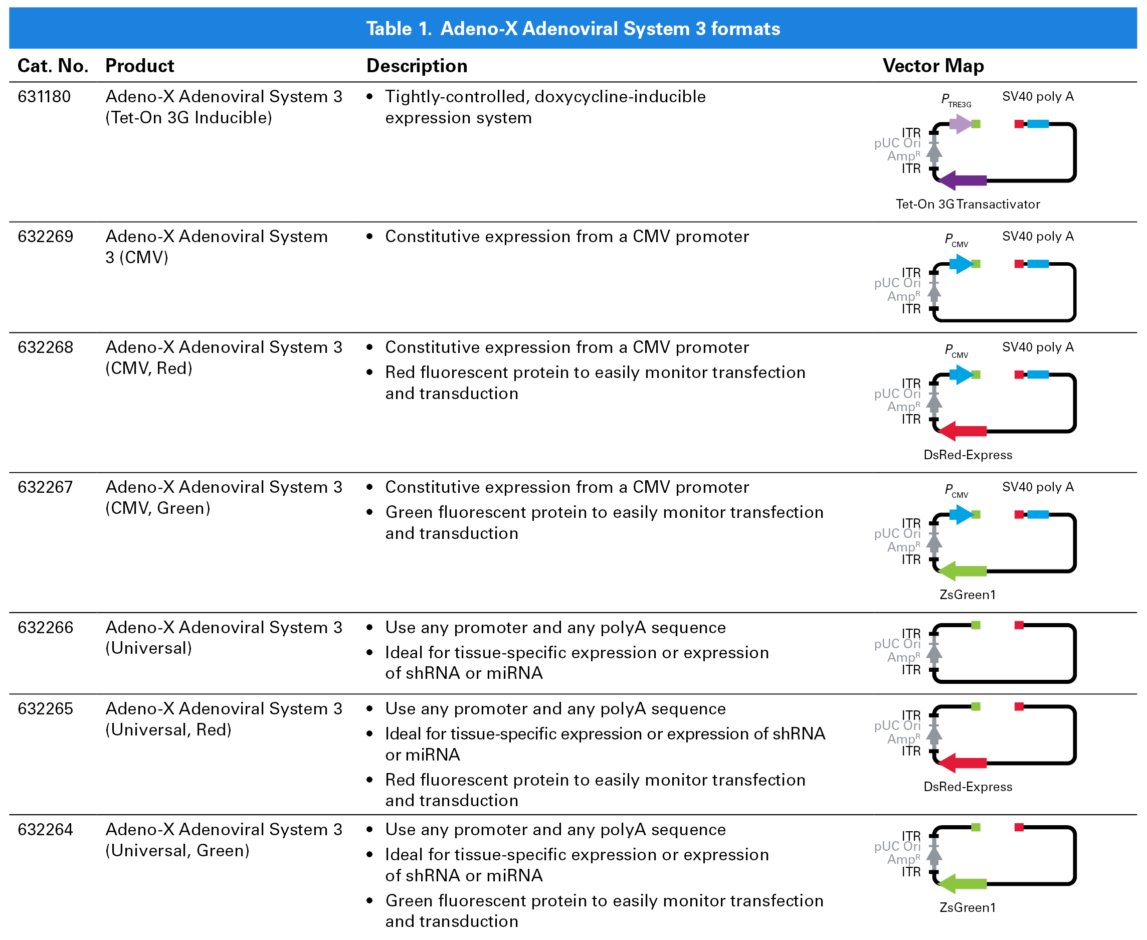 Adeno-X Adenoviral System 3 is available in seven formats