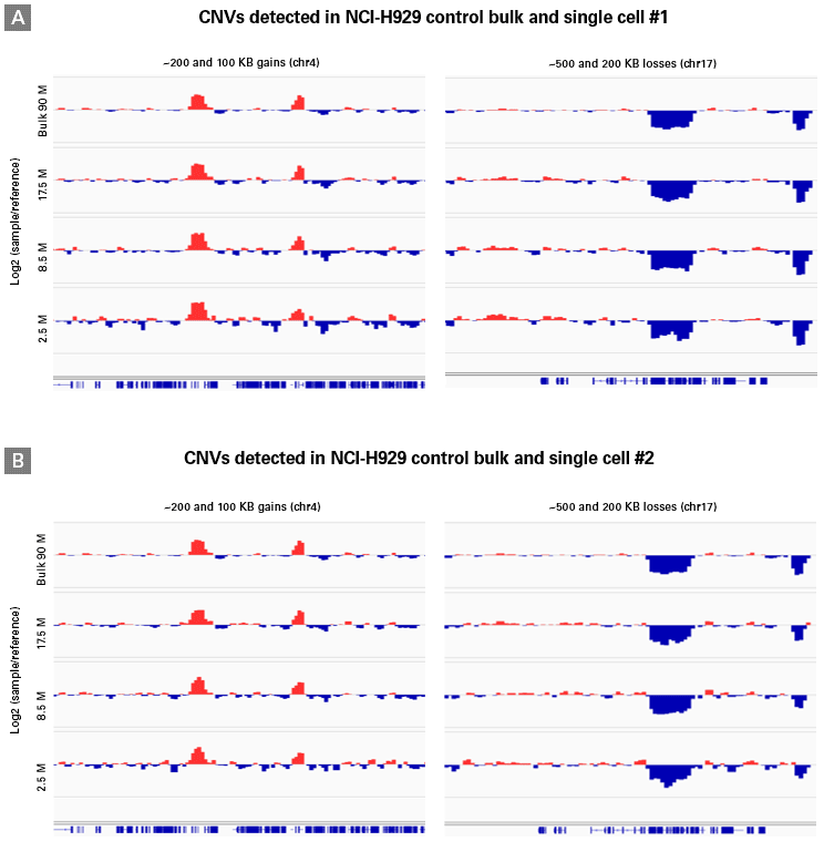 CNVs detected in single cells from a multiple myeloma cell line, NCI-H929, normalized to a reference cell line, 12878. Panels A and B