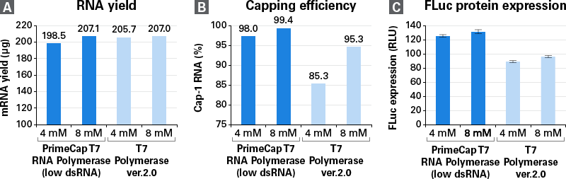 Effect of CleanCap concentration on mRNA yield, capping efficiency, and FLuc protein expression